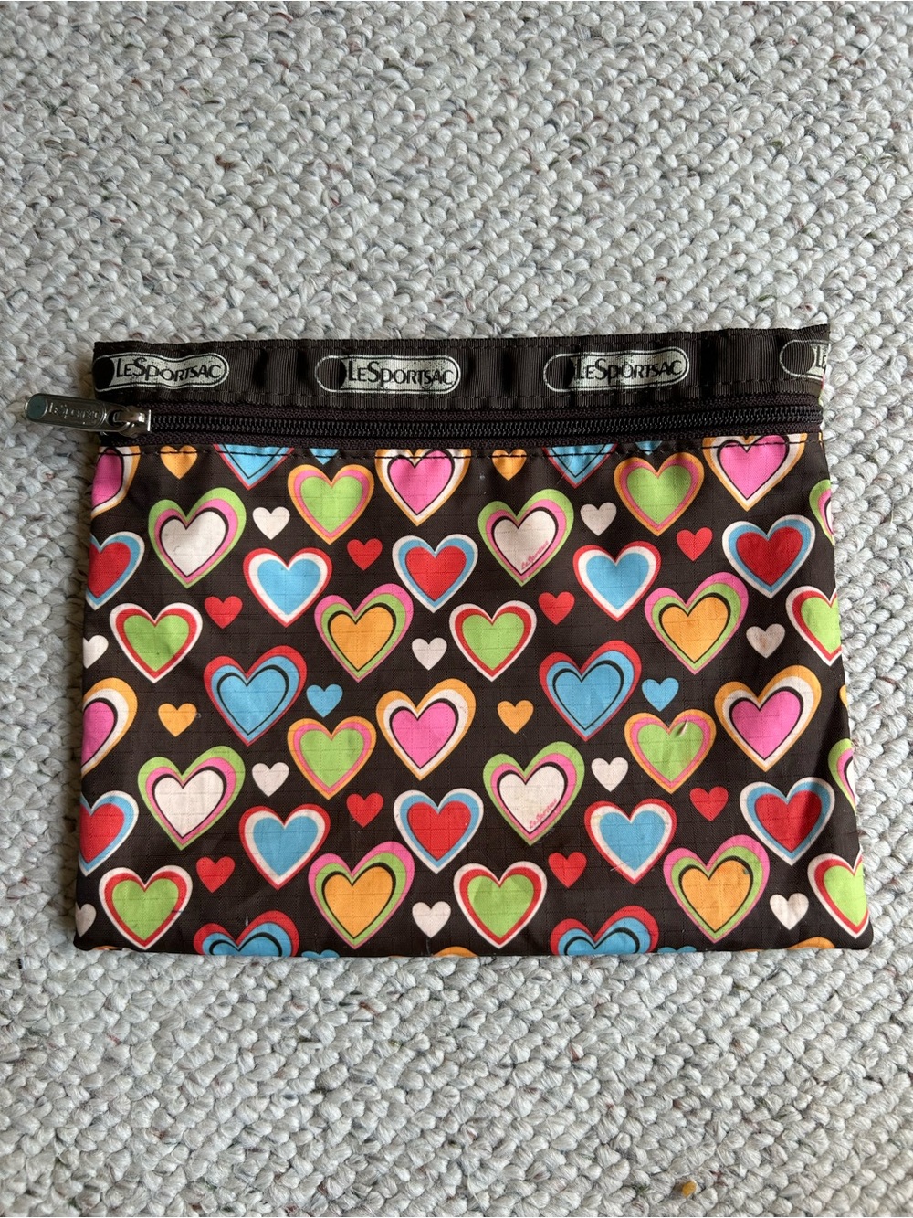 Vintage Lesportsac Brown Heart Print Zip Pencil Pouch with Multicolor Hearts